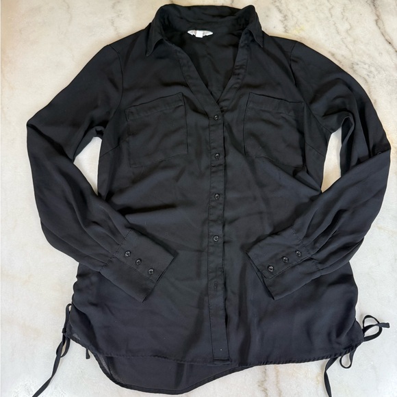 Candies Roll Tab Shirt Blouse Sheer Collar Button Up Black Sz Medium Junior - Picture 1 of 9